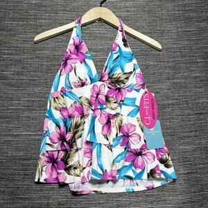 Caribbean Joe Swimsuit V Neck Top Women's 8 White Blue Purple Floral